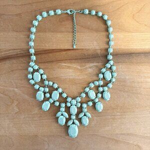 Sea Green w White Speckled Rhinestone Statement Bib Necklace 18" w 3.5" extender